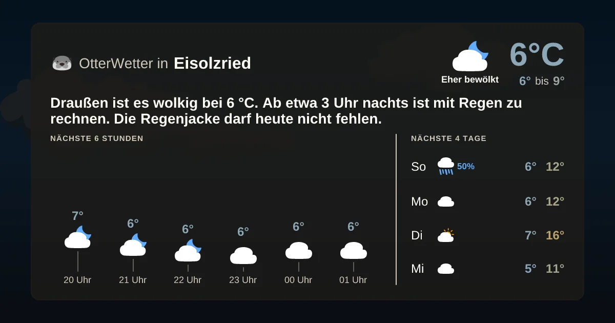 Widget-Vorschau für Eisolzried Wetter-Widget-Vorschau mit Vorhersagedaten für Eisolzried