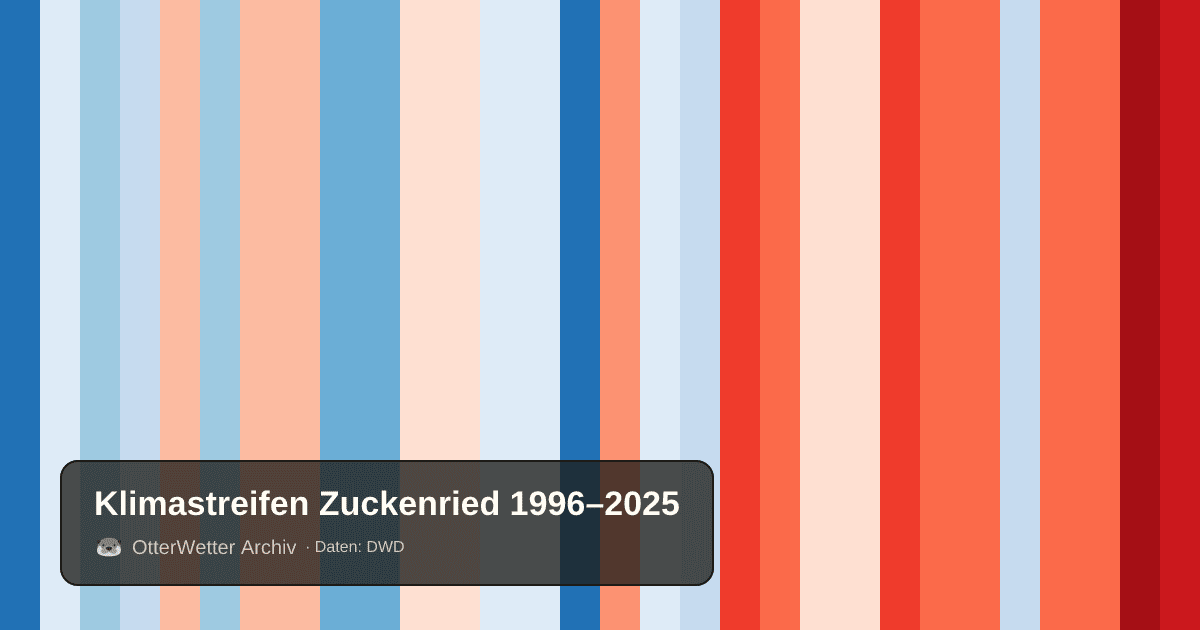 Klimastreifen Zuckenried: Jahresmitteltemperaturen von blau (kühler) bis rot (wärmer)