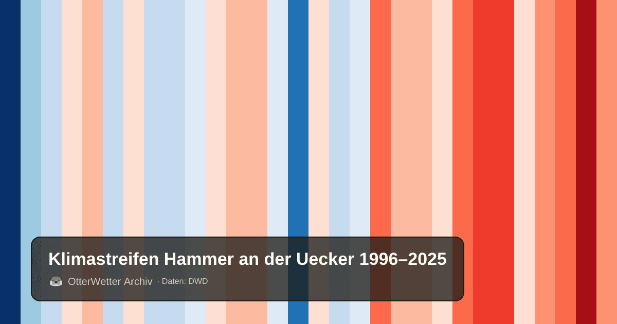 Klimastreifen Hammer an der Uecker: Jahresmitteltemperaturen von blau (kühler) bis rot (wärmer)
