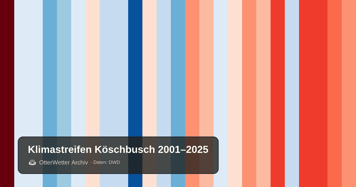 Klimastreifen Köschbusch: Jahresmitteltemperaturen von blau (kühler) bis rot (wärmer)