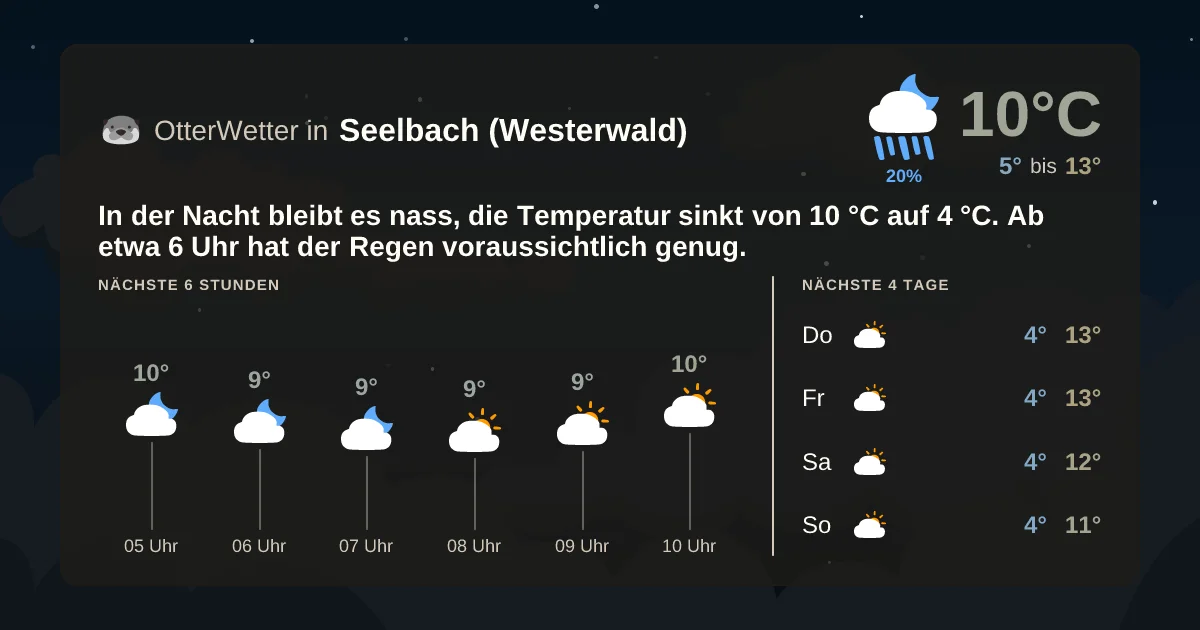 Widget-Vorschau für Seelbach (Westerwald) Wetter-Widget-Vorschau mit Vorhersagedaten für Seelbach (Westerwald)